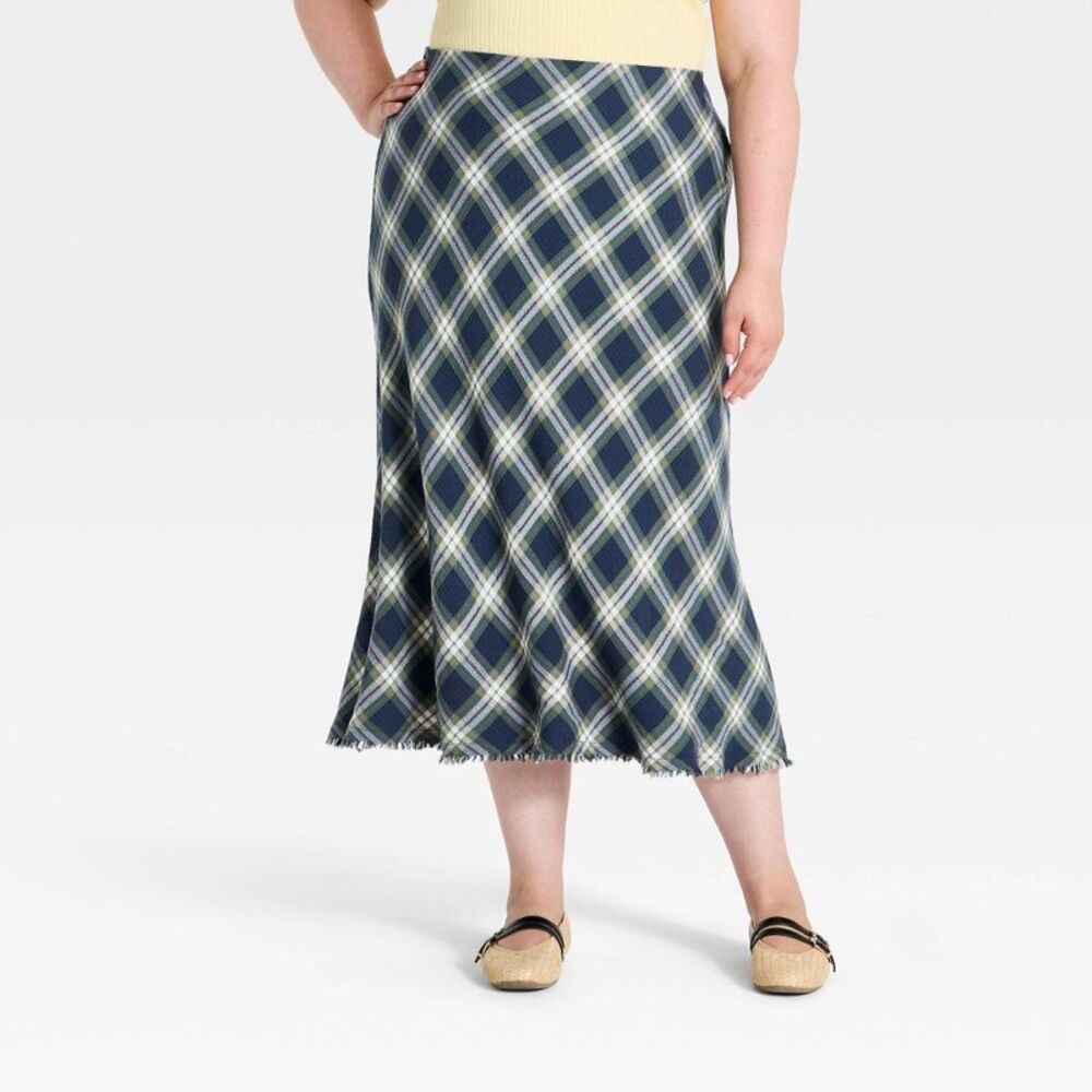 Women's Plaid Midi Skirt - Universal Thread Navy Blue XXL